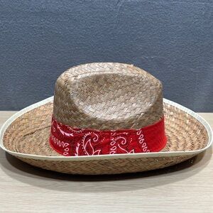 Cowboy Cowgirl Western Red White Bandanna Ribbon Straw Hat